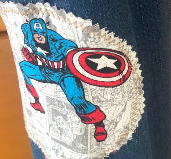 Denim bottle tote bag featuring Captain America