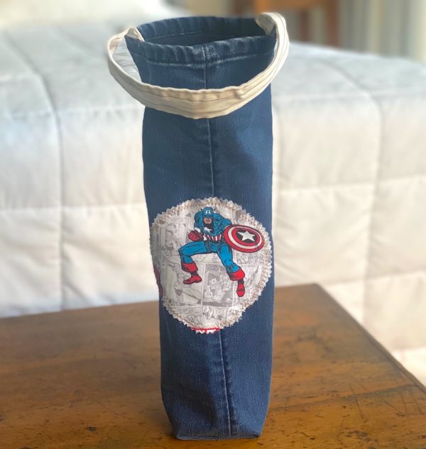 Denim bottle tote bag featuring Captain America