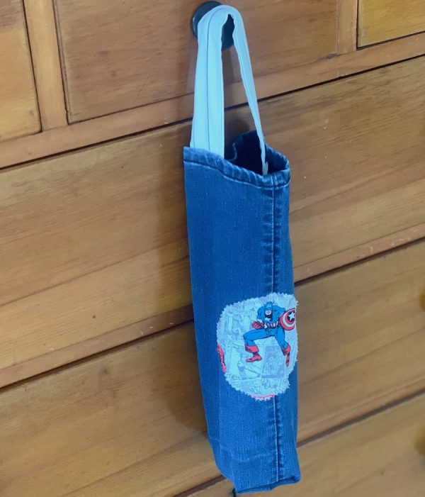 Denim bottle tote bag featuring Captain America