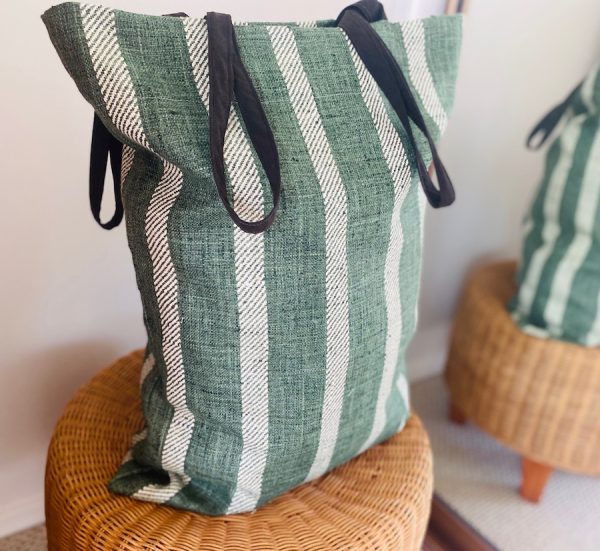 Strong storage bag - green and white upholstery fabric