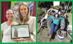 picture of Heather Wood receiving the B4C Outstanding Dedication Award 2024 with Councillor Lisa Atwood. On the right, Heather Wood in a tire at a riverside cleanup.